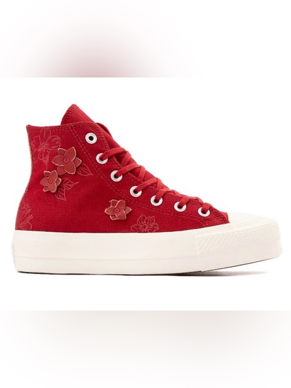 Converse high-top platform red canvas with floral appliques and embroidery